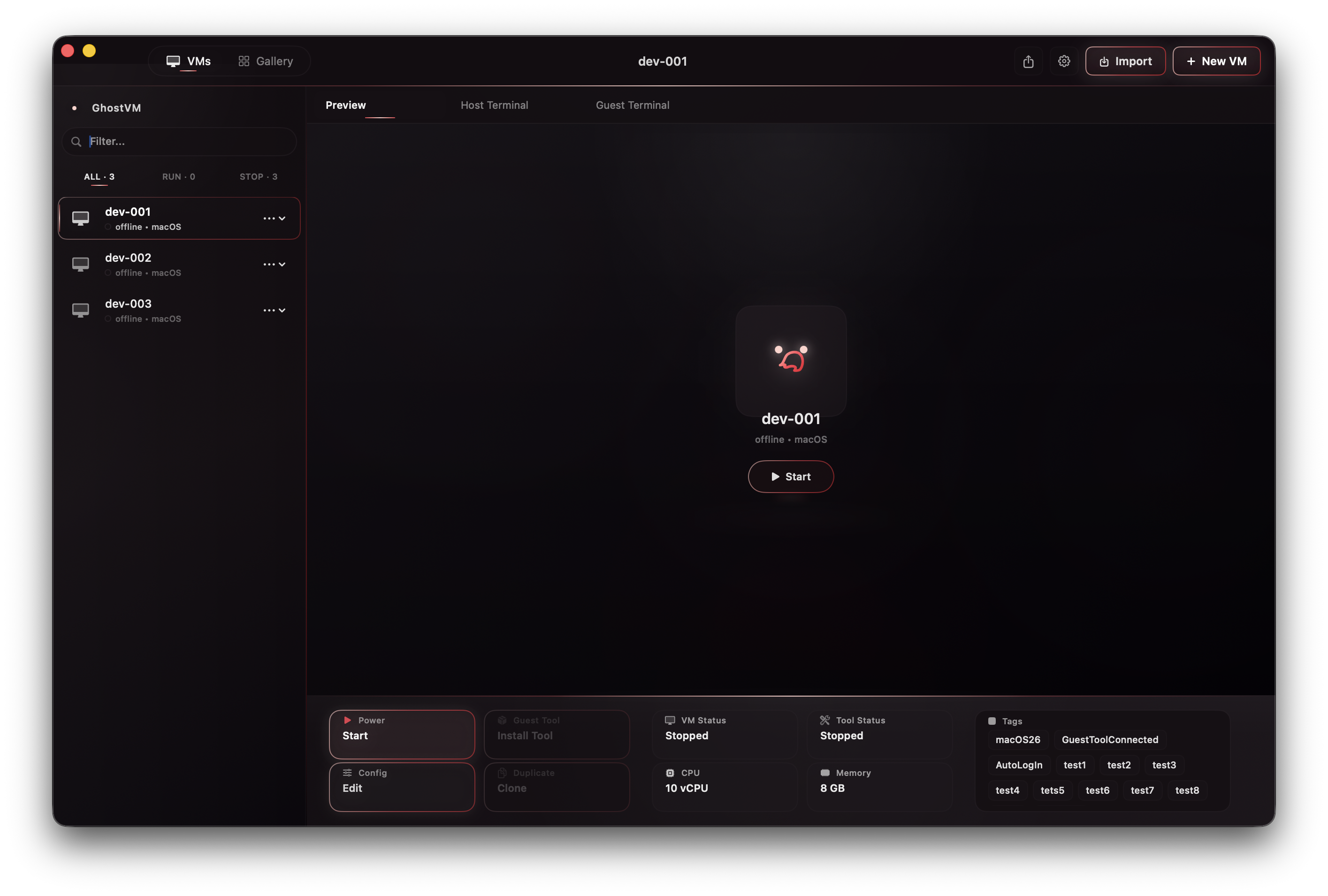 GhostVM Preview interface showing host-side VM controls